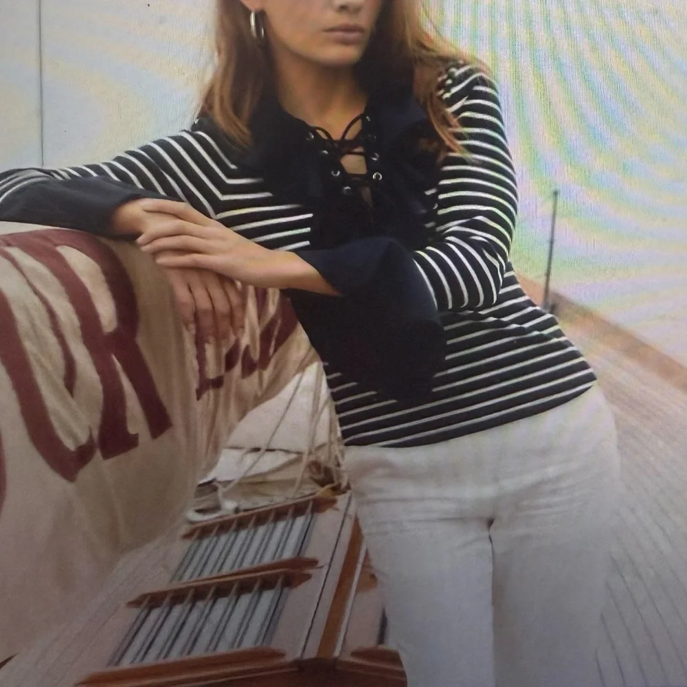 Anne Fontaine Navy and White Striped Lace-Up coquillage Top, size Medium‎
